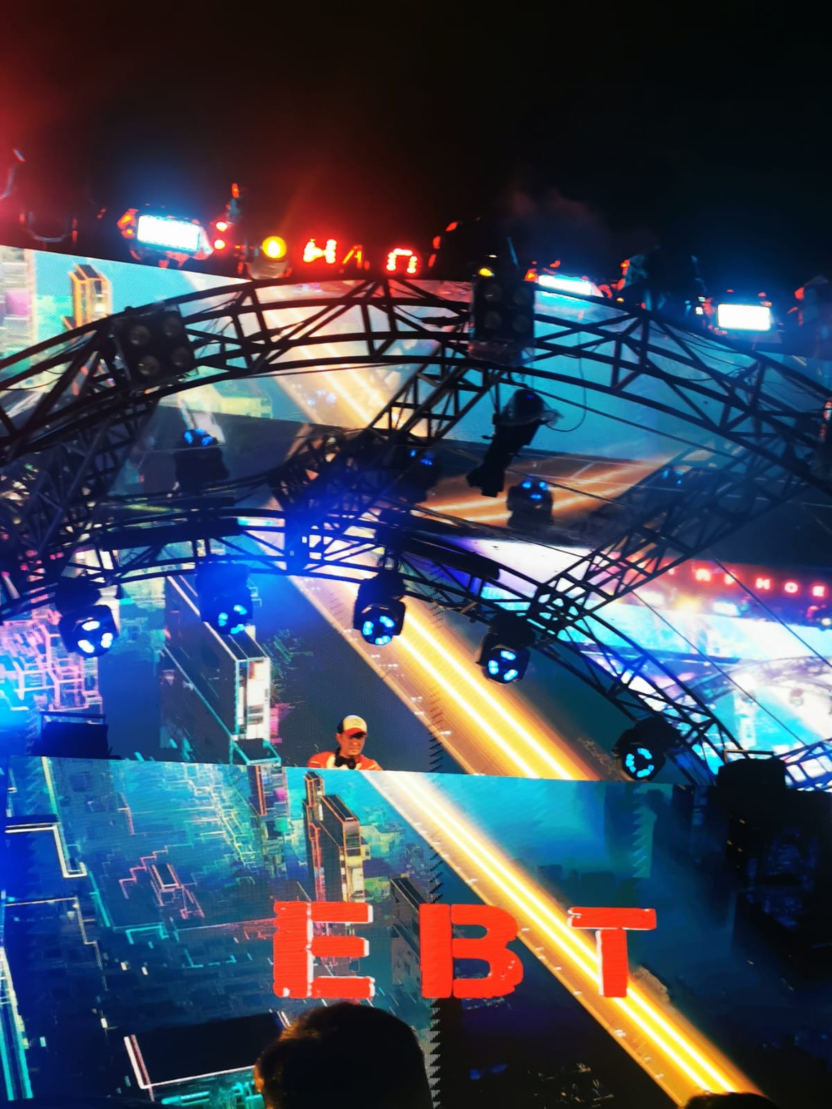 Festival stage truss with E B T visuals